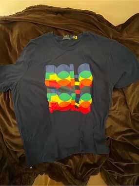 Ralph Lauren Navy Short-Sleeve Tee with Multicolor POLO Graphic Women’s Large